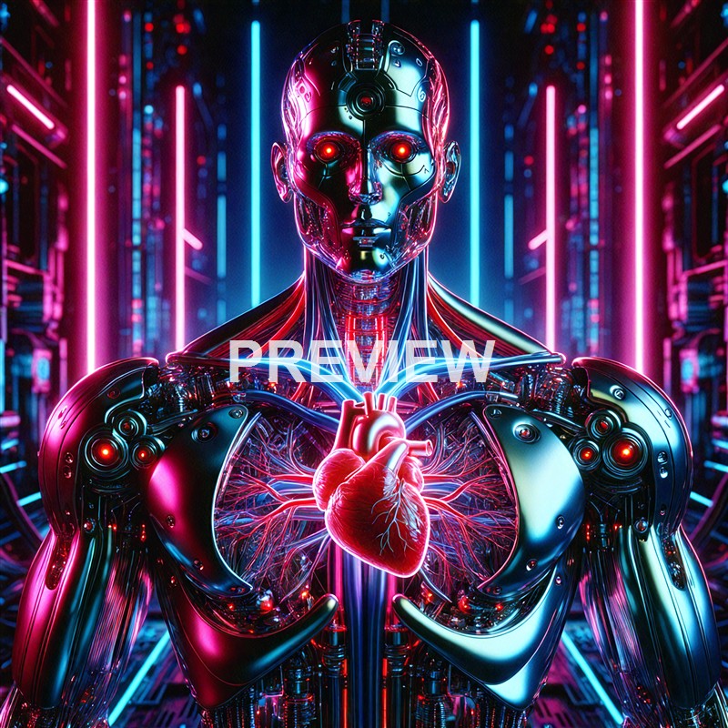 A highly detailed, futuristic humanoid robot with glowing red eyes, metallic and neon-lit features, and an anatomical heart design on its chest, set against a vibrant, cyberpunk background.